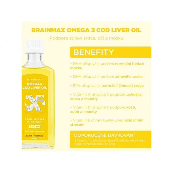 BrainMax Omega 3, Olej z tresčích jater, citrón, 240 ml