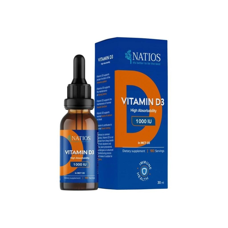 NATIOS Vegan Vitamin D3, 1000 IU, Kapky v MCT oleji (30 ml)