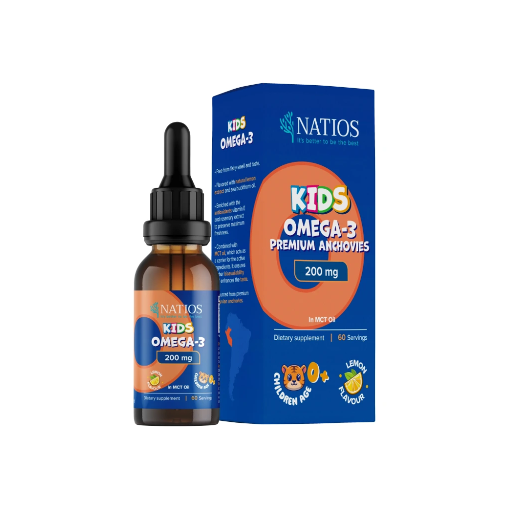 NATIOS Kids Omega-3 Premium Anchovies, 200 mg, Kapky v MCT oleji, 30 ml